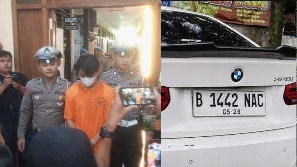 PLAT DIGANTI - Polisi menunjukkan Christiano Tarigan, mahasiswa pengemudi mobil BMW yang menjadi tersangka dalam insiden kecelakaan maut di Jalan Palagan Tentara Pelajar tepatnya di Sariharjo, Ngaglik, Kabupaten Sleman yang terjadi pada Sabtu (24/5/205) dini hari. Diduga dalam kecelakaan itu, Christiano Tarigan menggunakan plat palsu