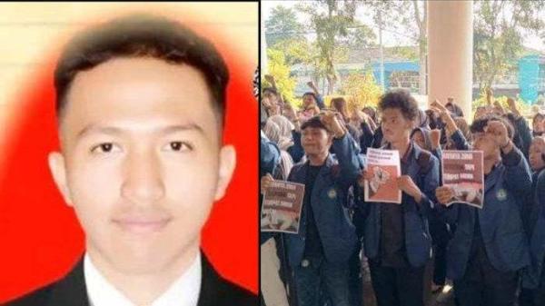 DIDUGA DISIKSA SENIOR - Mahasiswa menggelar unjuk rasa (kanan) di depan Rektorat Unila, Rabu (28/5/2025) setelah meninggalnya Pratama Wijaya Kusuma (kiri), mahasiswa jurusan bisnis digital FEB tahun 2024, Rabu (28/5/2025) sore. Pratama diduga meninggal akibat mengalami kekerasan setelah mengikuti diksar mahasiswa pecinta alam.
