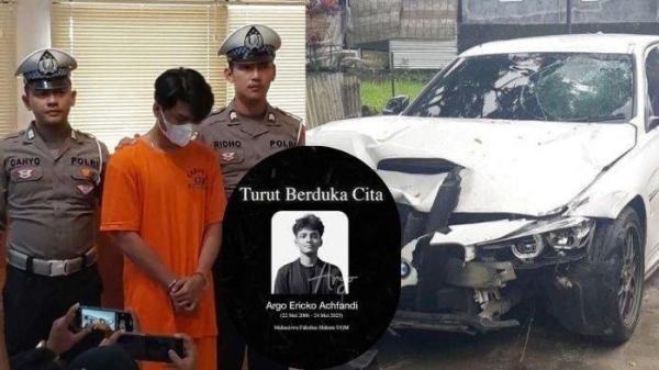 MAHASISWA UGM DITABRAK - Kondisi mobil BMW yang dikendarai Christiano Tarigan. Mobil tersebut rusak akibat kecelakaan yang menewaskan Argo, mahasiswa UGM. Kini pelaku yang sempat mengganti pelat UGM ditangkap rupanya ia atas perintah 2 bosnnya.