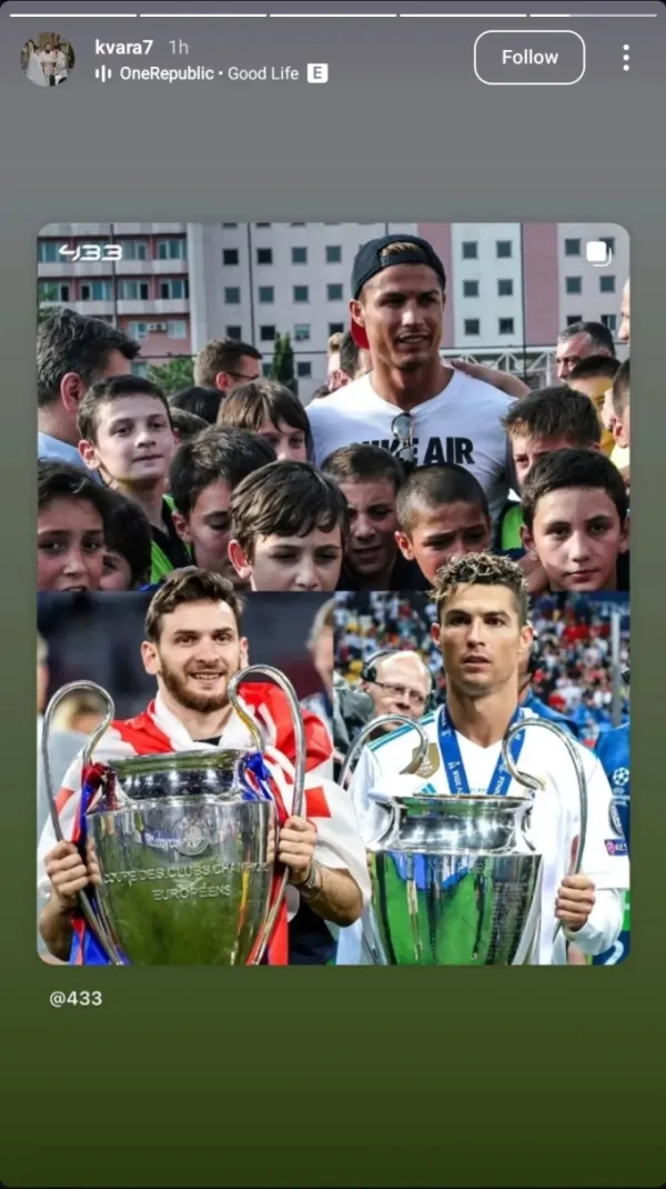 Khvicha Kvaratskhelia shares a photo of his idol Cristiano Ronaldo visiting his football academy Dinamo Tbilisi in Georgia back in 2013. Photo by Instagram/@kvara7