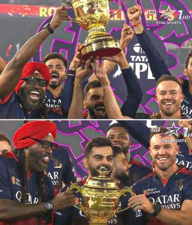 RCB wins IPL 2025: Virat Kohli kisses his trophy, poses with Chris Gayle, AB de Villiers as trio celebrate big win