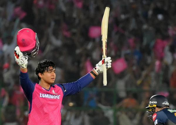 Rajasthan Royals player Vaibhav Suryavanshi celebrate after scoring his first maiden century during  the IPL T20  match against Gujarat Titans at the Sawai Man Singh Stadium in Jaipur.