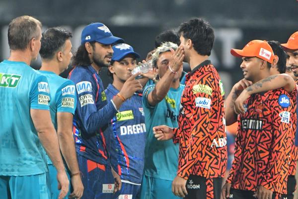 Sunrisers Hyderabad Abhishek Sharma and Digvesh Rathi of Lucknow Super Giants  having argument during post match handshake.