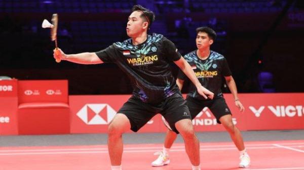 Ganda putra Indonesia, Sabar Karyaman Gutama/Moh Reza Pahlevi Isfahani, di BWF World Tour Finals, di Hangzhou Olympic Sports Centre Gymnasium, Kamis (12/12/2024).