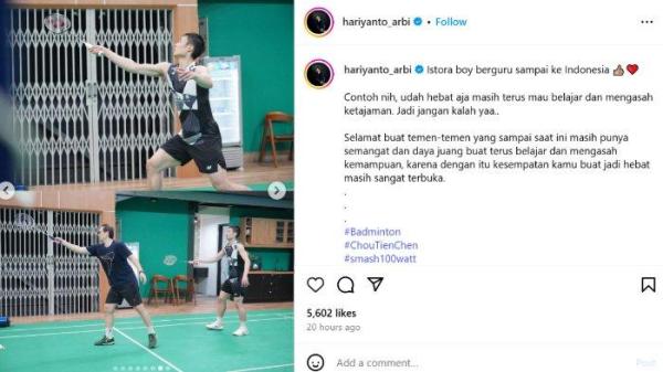 CHOU TIEN CHEN - Tangkapan layar Instagram @hariyanto_arbi, Selasa (10/6/2025), memperlihatkan momen Chou Tien Chen berguru kepada legenda tunggal putra Indonesia, Hariyanto Arbi.