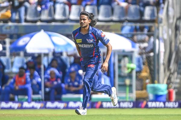 Lucknow Super Giants’ Digvesh Rathi bowls a delivery during the IPL Match between Mumbai Indians vs Lucknow Super Giants. Lucknow Super Giants’ Digvesh Rathi bowls a delivery during the IPL Match between Mumbai Indians vs Lucknow Super Giants.