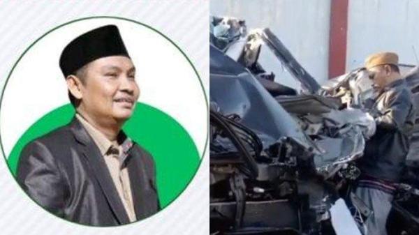 KECELAKAAN MAUT - Wakil Ketua PWNU Jatim, KH Taufik Hasyim (kiri) dan istrinya yakni Nyai Amirotul Mawaddah meninggal dunia Sabtu (14/6/2025) akibat kecelakaan tunggal di Tol Pasuruan-Probolinggo. Mobil yang mereka tumpangi ringsek parah (kanan).