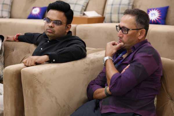 BCCI Secretary Jay Shah and India Men's Chief Selector Ajit Agarkar in AGARKAR in AGARKAR, Gujarat Titans vs Chennai Super Kings, IPL, Ahmedabad, May 10, 2024