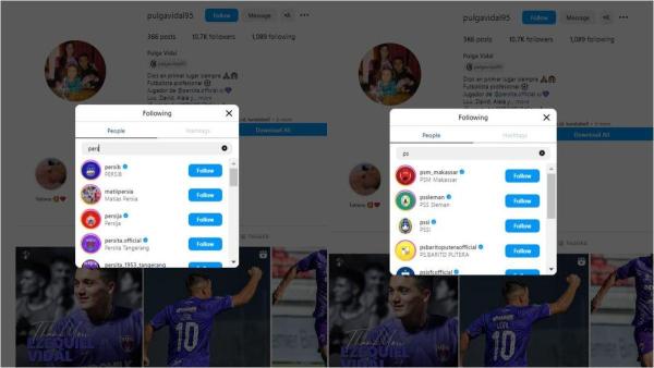 Mantan bintang Persita Tangerang, Ezequiel Vidal kepergok follow Instagram klub besar di Liga Indonesia, Persib-Persija (kiri) dan beberapa klub lainnya (kanan).