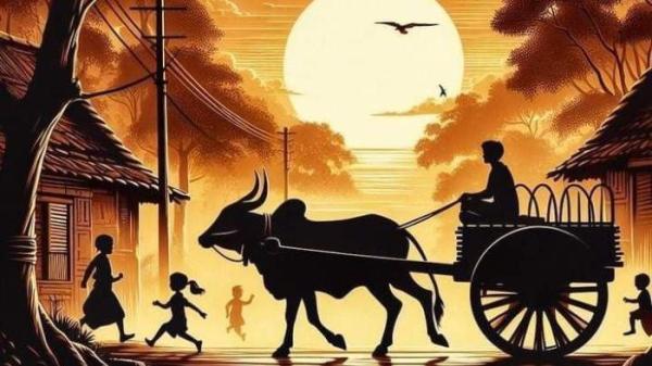 PEDATI- Ilustrasi seorang lelaki yang mengendarai pedati melintas di sebuah desa yang tenang dan damai.