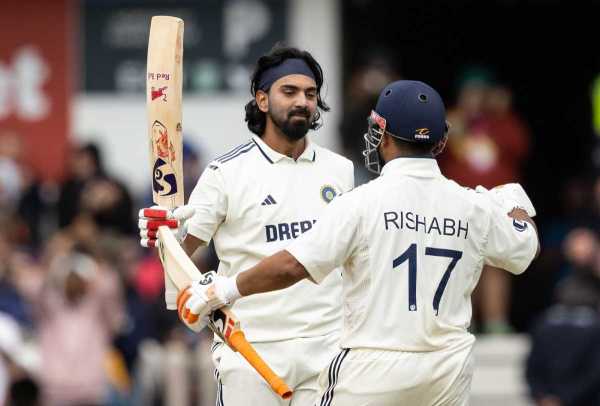 Kl rahul gets a hug from Rishabh pant after completing his century, England vs India, 1st test, Leeds, 4th Day, June 23, 2025