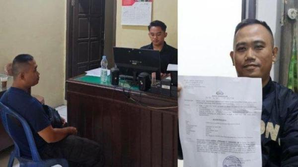 SATPAM JADI TERSANGKA - (kanan) Satpam Perum Genteng Puti Baros Kota Sukabumi, Apri Nasrulloh, menunjukkan bukti penetapan tersangka oleh penyidik Polsek Baros, Selasa (17/6/2025). 
(kiri) Apriyana diperiksa penyidik Polsek Baros Resort Sukabumi Kota.