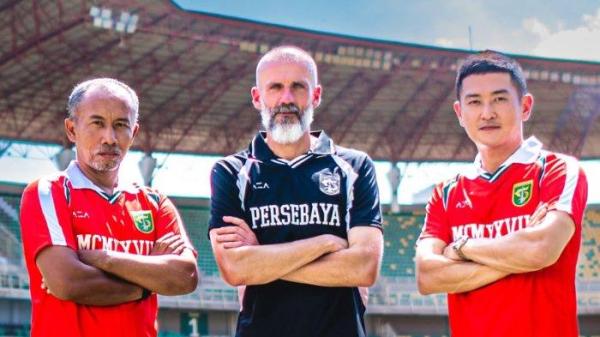PELATIH BARU PERSEBAYA - Pelatih Uston Nawawi, Eduardo Perez Moran dan Shin Sang-gyu diremiskan menjadi tim kepelatihan Persebaya Surabaya pada musim kompetisi Liga 1 2025/2026, Selasa (3/6/2025). (Instagram Persebaya - 3/6/2025)