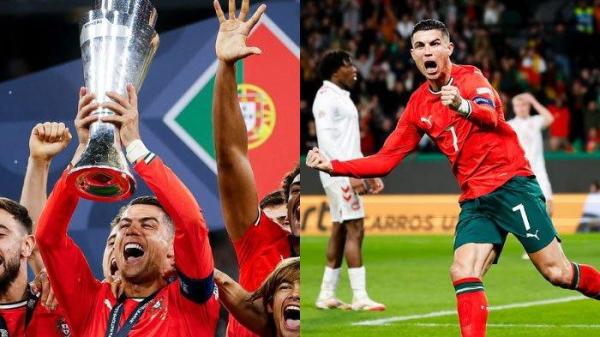 KODE PENSIUN - Ekspresi kemenangan megabintang sepak bola Cristiano Ronaldo setelah sukses membawa Timnas Portugal meraih gelar juara UEFA Nations League 2024-2025, Senin (9/6/2025).