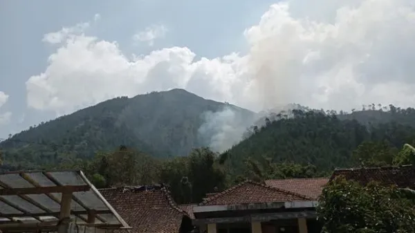 Asap memutih di Gunung Andong di wilayah Kecamatan Ngablak, Kabupaten Magelang yang dilaporkan terbakar, Rabu (8/11/2023).