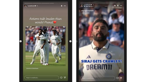 Asha bhosle granddaughter zanai bhosle post instagram story for mohammed siraj take wicket of zak crawley in ind vs eng edgbaston test
