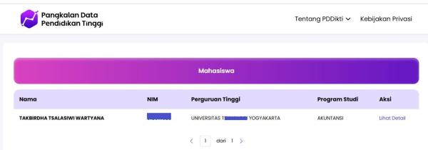 TAKBIRDHA : Tangkapan layar dari https://pddikti.kemdiktisaintek.go.id/ pada Sabtu (5/7/2025) : Takbirdha mas mas yang ngaku kerja di pelayaran dan ngamuk ke driver ojol ternyata lulusan akuntansi