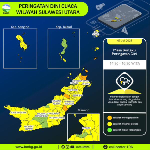 Peringatan dini BMKG cuaca di Sulawesi Utara, Senin (7/7/2025).