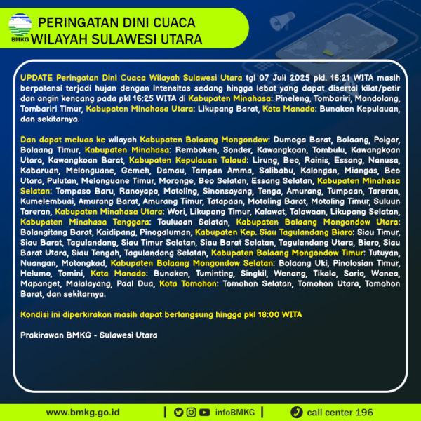 Peringatan dini BMKG cuaca di Sulawesi Utara, Senin (7/7/2025).