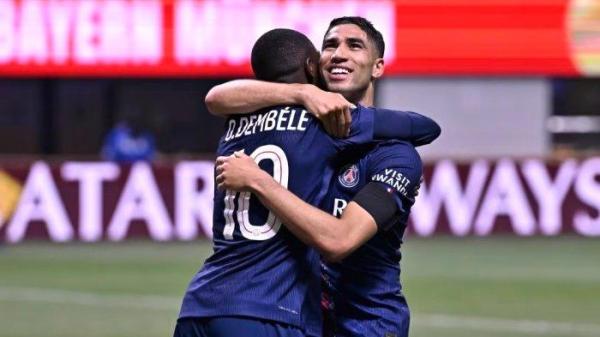 SELEBRASI PSG - Pemain Paris Saint Germain (PSG), Achraf Hakimi dan Ousmane Dembele, merayakan sebuah gol dalam pertandingan menghadapi Bayern Munchen pada fase perempat final Piala Dunia Antarklub 2025. (Website PSG - 9/7/2025)