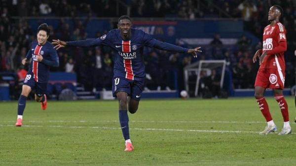 Selebrasi Ousmane Dembele saat mengawal Paris Saint-Germain (PSG).