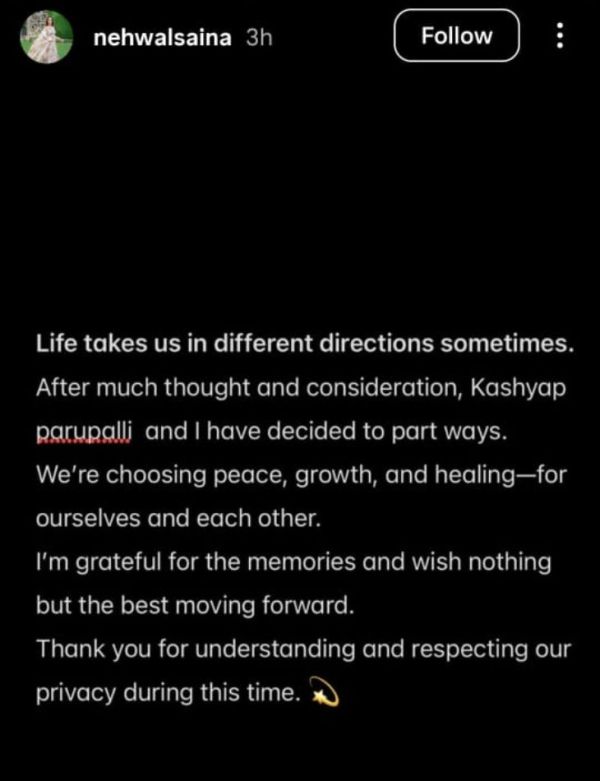 Saina informed about her separation from her husband on Instagram at around 11 pm on Sunday night.