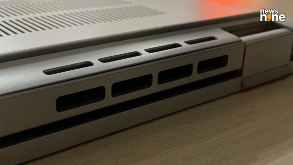 The rear vents are partially pushed to the base. This is one of the few angles that shows the true thickness of the laptop. (Image Credit: Aditya Madanapalle/News9). 
