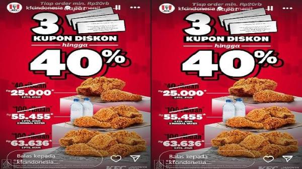 PROMO KFC - beli Rp 20.000 dapatkan 3 kupon gratis diskon hingga 40 persen untuk 2 potong ayam goreng, hingga 5 potong ayam KFC, Selasa (22/7/2025).