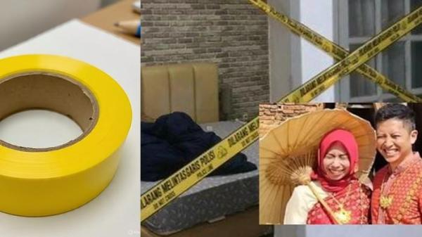 DIPLOMAT MENINGGAL - Kolase ilustrasi foto lakban kuning foto dibuat Meta Ai WhatsApp dan foto Arya ditemukan tewas di kamar kost Guest House Gondia di Jalan Gondangdia Kecil Nomot 22, Menteng, Jakarta Pusat, Selasa (8/7/2025) dan foto Arya Daru dan istrinya semasa hidup.