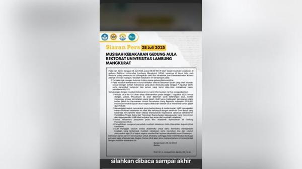 SIARAN PERS ULM - Pihak ULM melalui siaran pers memastikan bahwa prosesi wisuda ke-125 tetap akan dilaksanakan sesuai jadwal, yakni pada 7 Agustus 2025. Dan kebakaran tak terkait verifikasi guru besar ULM
