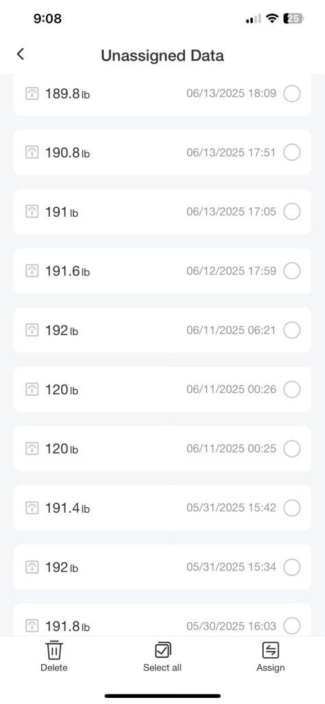 Screenshot of a smart scale's data showing two entries of 120 lbs on a single day.
