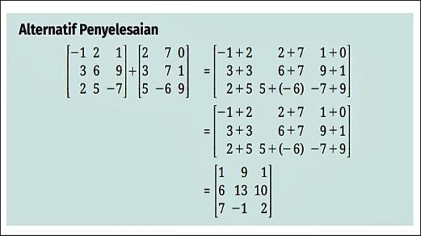 JAWABAN 1 PENJUMLAHAN MATRIKS - Jawaban Soal 1 Mari Mencoba 1.3 Penjumlahan matriks Matematika kelas 11 halaman 15 pada buku  Matematika Tingkat Lanjut untuk SMA/MA Kelas XI (Edisi Revisi) yang ditulis Yosep Dwi Kristanto dkk.  (KemendikbudRistek Tahun 2024).