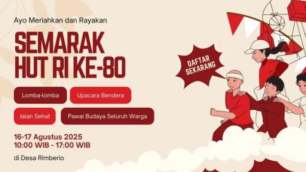 POSTER HUT RI - Foto ilustrasi ide poster HUT Ke-80 RI, dilengkapi link yang bisa diedit. Cocok untuk acara Hari Kemerdekaan atau Hari Ulang Tahun (HUT) Ke-80 RI diperingati Minggu 17 Agustus 2025. 