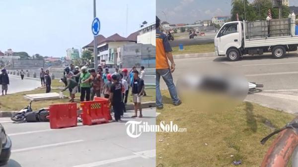 TERLINDAS BUS - Kolase foto jenazah L (20), gadis asal Plupuh, Sragen tergeletak di Bundaran Joglo Kecamatan Banjarsari, Kota Solo, bersama sepeda motornya, Kamis (21/8/2025) siang. L disebut terlindas pasca mengalami kecelakaan lalu lintas dengan bus antar kota antar provinsi (AKAP) Sugeng Rahayu rute Surabaya-Bandung.