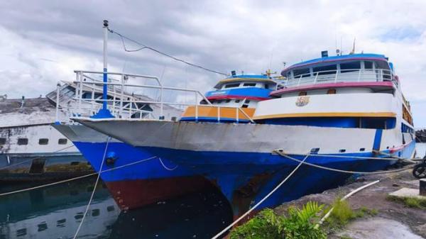 KAPAL MOTOR - Potret kapal KM Barcelona milik PT SPI terparkir di Pelabuhan Manado, Sulawesi Utara, Sabtu (26/8/2025). Dilaporkan, tiga kapal PT SPI yang belum mendapat izin berlayar. Ketiga kapal tersebut, yakniKM Barcelona I, KM Marina Bay, dan KM Venecian.