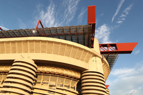 San Siro MILAN, ITALY - SEPTEMBER 14: Outside view of the stadium prior to the Serie A match between AC Milan and Bologna FC 1909 at Giuseppe Meazza Stadium on September 14, 2025 in Milan, Italy. (Photo by Marco Luzzani/Getty Images)