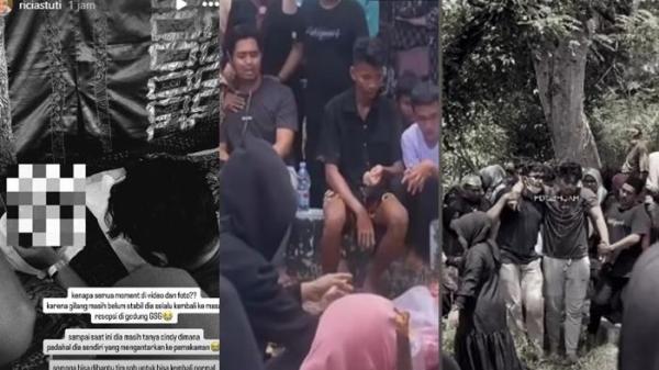 SUASANA PEMAKAMAN- Gilang Kurniawan sang suami memaksakan diri untuk ikut mengantarkan jenazah istrinya untuk terakhir kali di peristirahatan terakhirnya.
