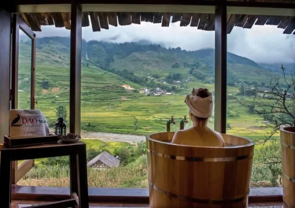 The Red Dao herbal bathing area overlooks the rice fields. Photo: La Dao Spa & Coffee House