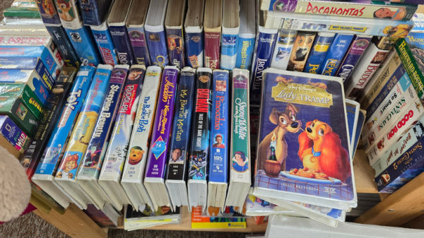 A display of VHS tapes.