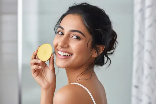 A young Indian woman smiling and holding a sliced potato.