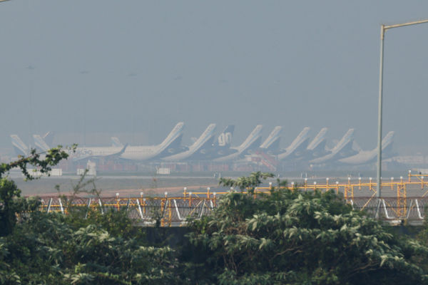 Due to shortage of crew at Bengaluru airport, many Indigo flights were seen grounded i.e. parked.
