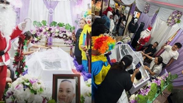 BERITA VIRAL - Tangkapan layar sebuah video yang memperlihatkan sekelompok pria berkostum Santa Claus dan badut mendatangi rumah duka viral di media sosial Facebook warga Sulawesi Utara (Sulut).