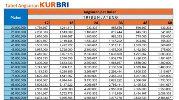 Tabel angsuran KUR BRI 2025 Desember Rp 20 Juta hingga Rp 100 Juta 
