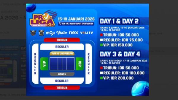 HARGA TIKET PROLIGA - Tangkap layar goersapp.com menampilkan daftar harga tiket nonton Proliga 2026 seri reguler putaran I yang berlangsung di GOR Voli Indoor Sumut Sport Center, Medan, pada 15-18 Januari mendatang.