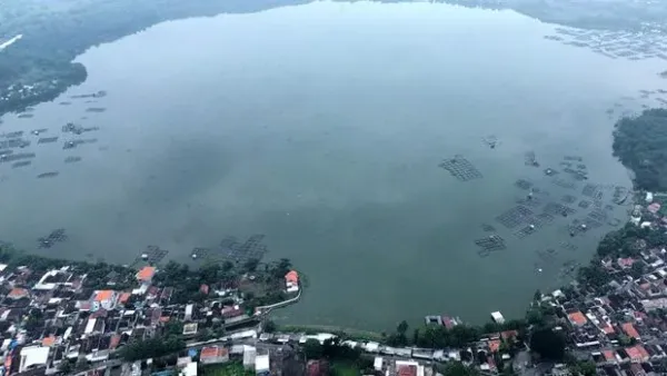 Danau Ranu Grati Pasuruan Dimanfaatkan untuk Budi Daya Ikan Foto udara keramba apung di Danau Ranu Grati di Desa Ranuklindungan, Grati, Kabupaten Pasuruan, Jawa Timur, Minggu (23/2/2025). Danau seluas 107 hektar tersebut merupakan salah satu danau vulkanik di Indonesia yang dimanfaatkan oleh warga sekitar sebagai tempat budi daya ikan. ANTARA FOTO/Umarul Faruq/agr
