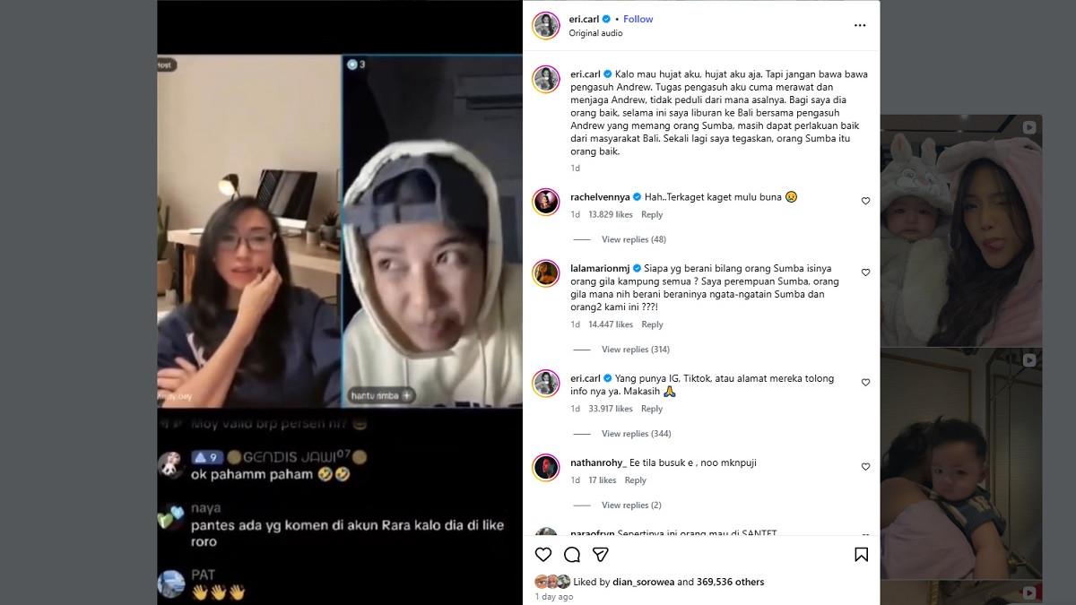 ERIKA CARLINA MARAH - Capture unggahan Erika Carlina tak terima pengasuh anaknya diolok-olok