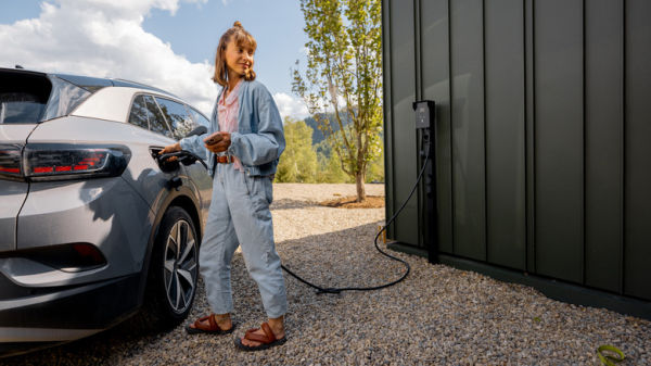 A young woman plugging in her gray EV to a wall charger while parked in a gravel driveway