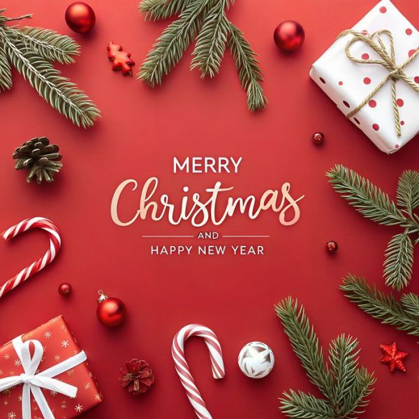 This may contain: merry christmas and happy new year greeting card with presents, candies, candy canes and pine cones