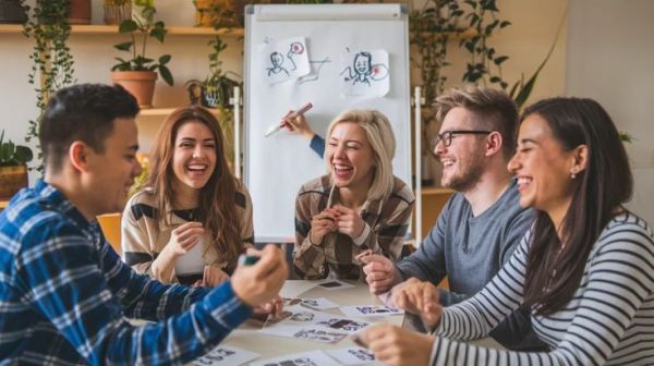 This may contain: a group of people sitting around a table laughing and playing with stickers on it