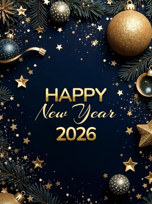 This may contain: a happy new year card with christmas decorations and stars on the blue background that says, happy new year